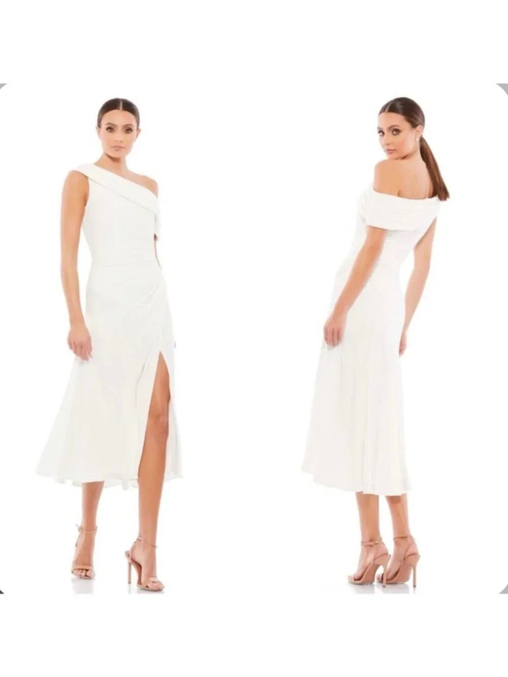 Mac Duggal White Foldover  Ruched One-Shoulder Jersey Dress Size 10